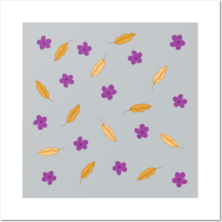 PURPLE FLOWERS AND YELLOW LEAVES PATTERN Posters and Art